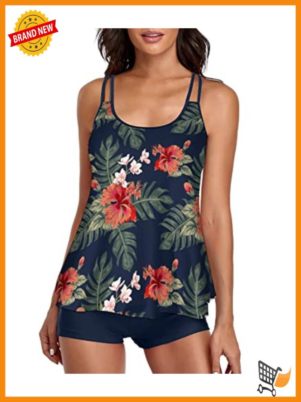 Two Piece Tankini Swimsuit Tummy Control Long Torso Boyshorts Plus Size UPF 50+